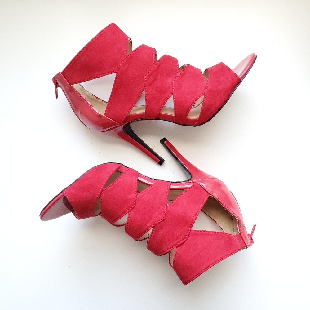 Nine West red suede/patent ankle boot heels Size 6